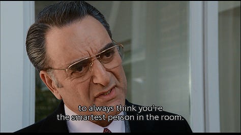 A series of stills from the 1987 film Broadcast News. A smarmy network executive snarls at Jane Craig (Holly Hunter): "It must be nice to always believe you know better, to always think you're the smartest person in the room." Jane responds: "No, it's awful."