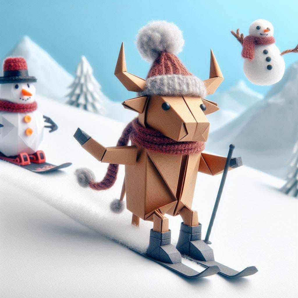 oragami bull doing winter sports oragami bull doing winter sports