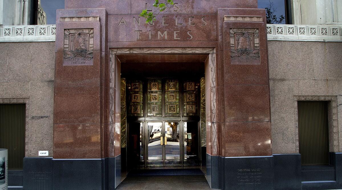 The Art Deco entrance to the Times building at 1st and Spring streets. The Art Deco entrance to the Times building at 1st and Spring streets.