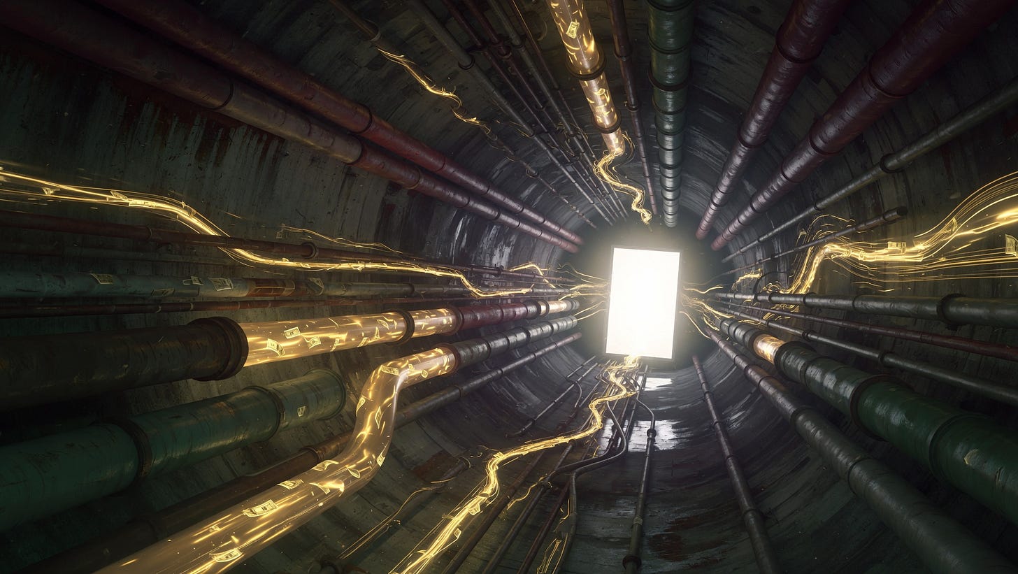 An underground digital tunnel with glowing golden fund flow conduits converging toward a bright open doorway in the distance, representing the laundering pathway through cross-chain swap protocols with no identity checks or intervention mechanisms. An underground digital tunnel with glowing golden fund flow conduits converging toward a bright open doorway in the distance, representing the laundering pathway through cross-chain swap protocols with no identity checks or intervention mechanisms.