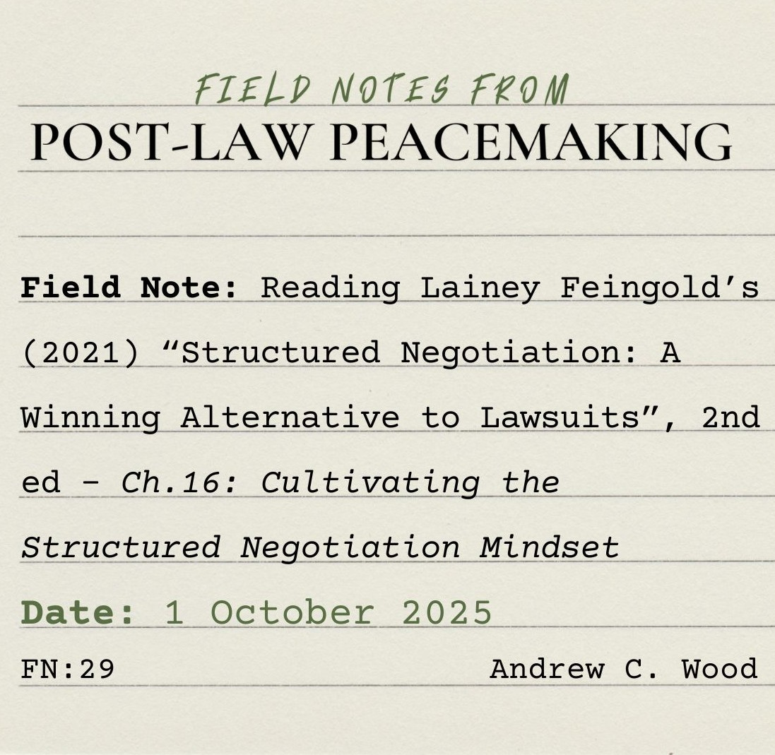 A square, lined index card on which is typed: “FIELD NOTES FROM POST-LAW PEACEMAKING.  Field Note: Reading Lainey Feingold’s (2021) “Structured Negotiation: A Winning Alternative to Lawsuits”, 2nd ed - Ch.16: Cultivating the Structured Negotiation Mindset Date: 1 October 2025. FN: 29. Andrew C. Wood.”