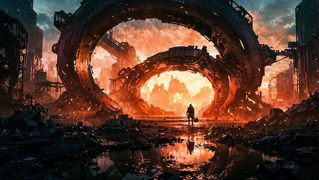 City ruins, doom, dystopia, fire, death.