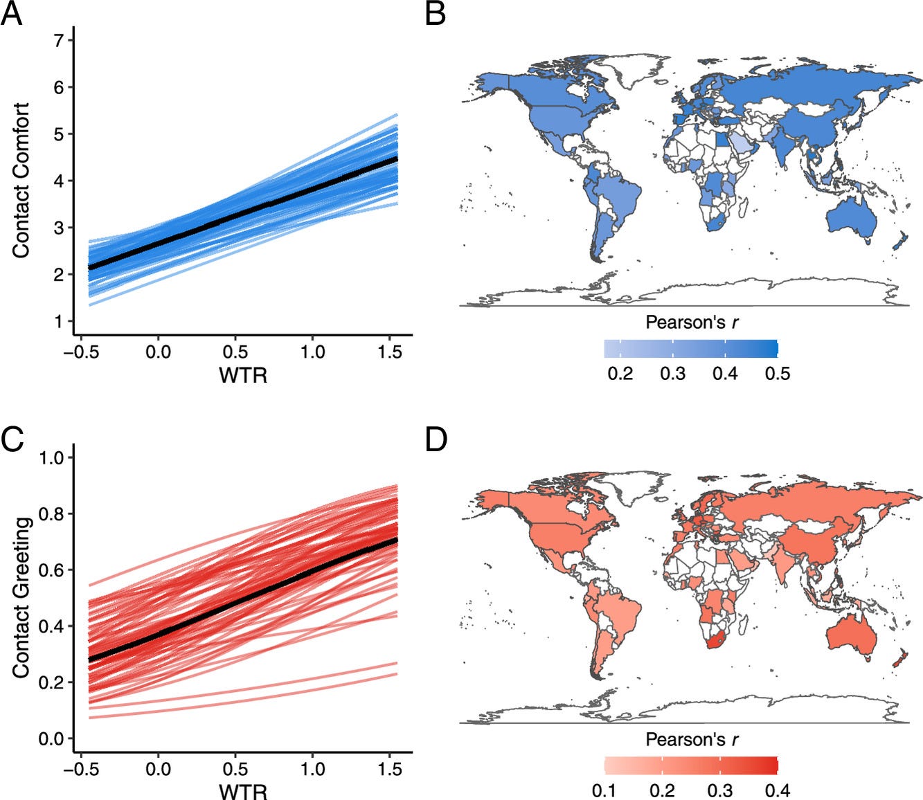 Four panels A to D. A and C are line graphs of Contact Comfort and Contact Greeting vs. WTR. B and D are world maps showing Pearson’s r values. Four panels A to D. A and C are line graphs of Contact Comfort and Contact Greeting vs. WTR. B and D are world maps showing Pearson’s r values.