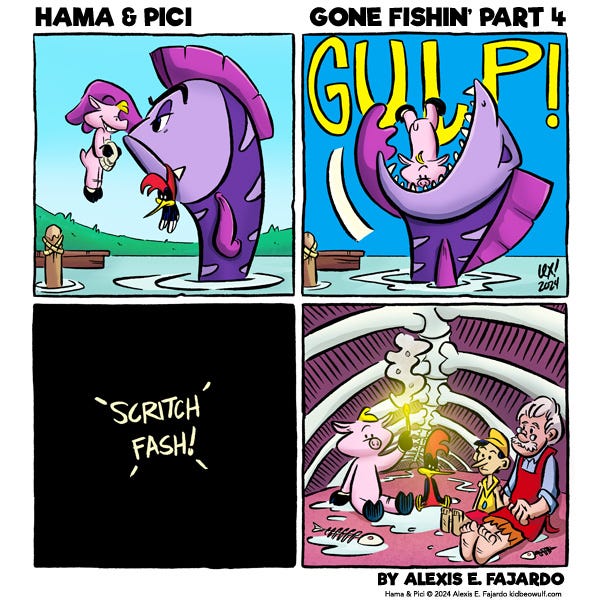 The giant purple fish lifts Hama off the pier with a flipper. Pici is still hanging out of the fish’s mouth. The fish opens its mouth wide and drops Hama in. Gulp! In the dark Hama lights a match. Scritch! Fash! Hama is inside the fish with Pinnochio and Gepeto and Pici.