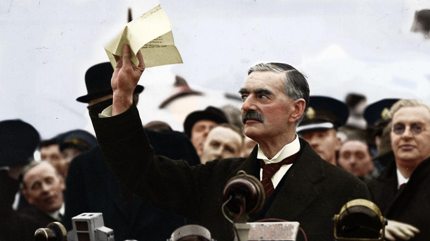 Neville Chamberlain returning from Germany with the piece of paper signed  by Hitler which would bring "peace for our time" September 30th, 1938.  [1920x1080] : r/HistoryPorn