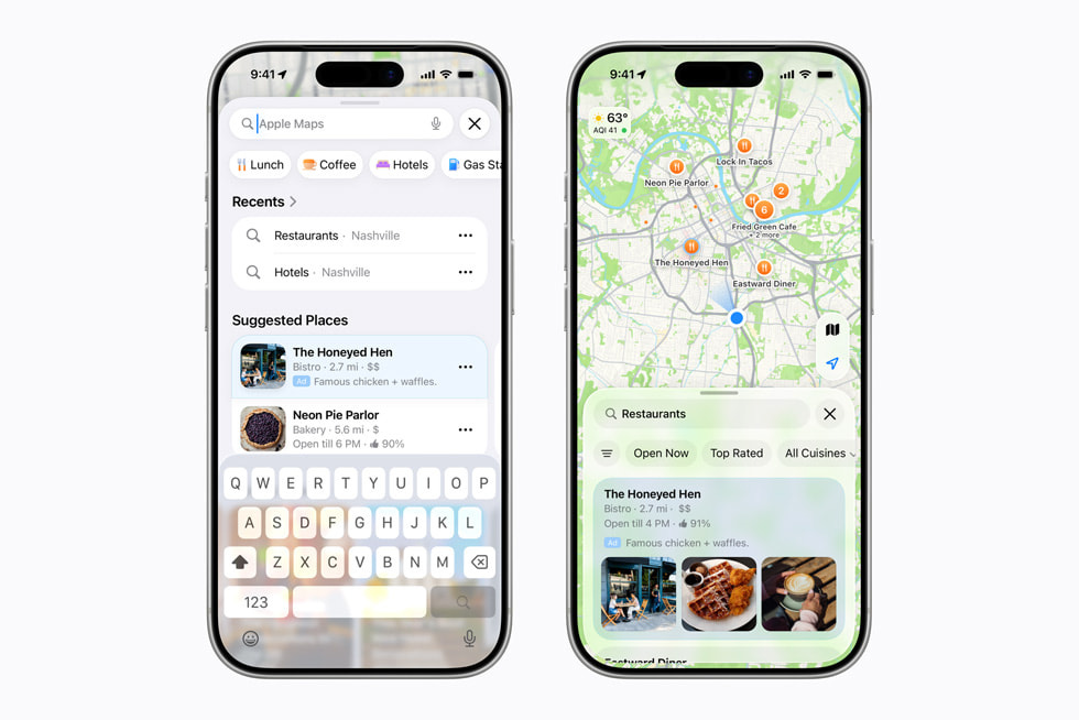Two iPhone 17 Pro devices show the Apple Maps app, including an ad for a restaurant called The Honeyed Hen. Two iPhone 17 Pro devices show the Apple Maps app, including an ad for a restaurant called The Honeyed Hen.