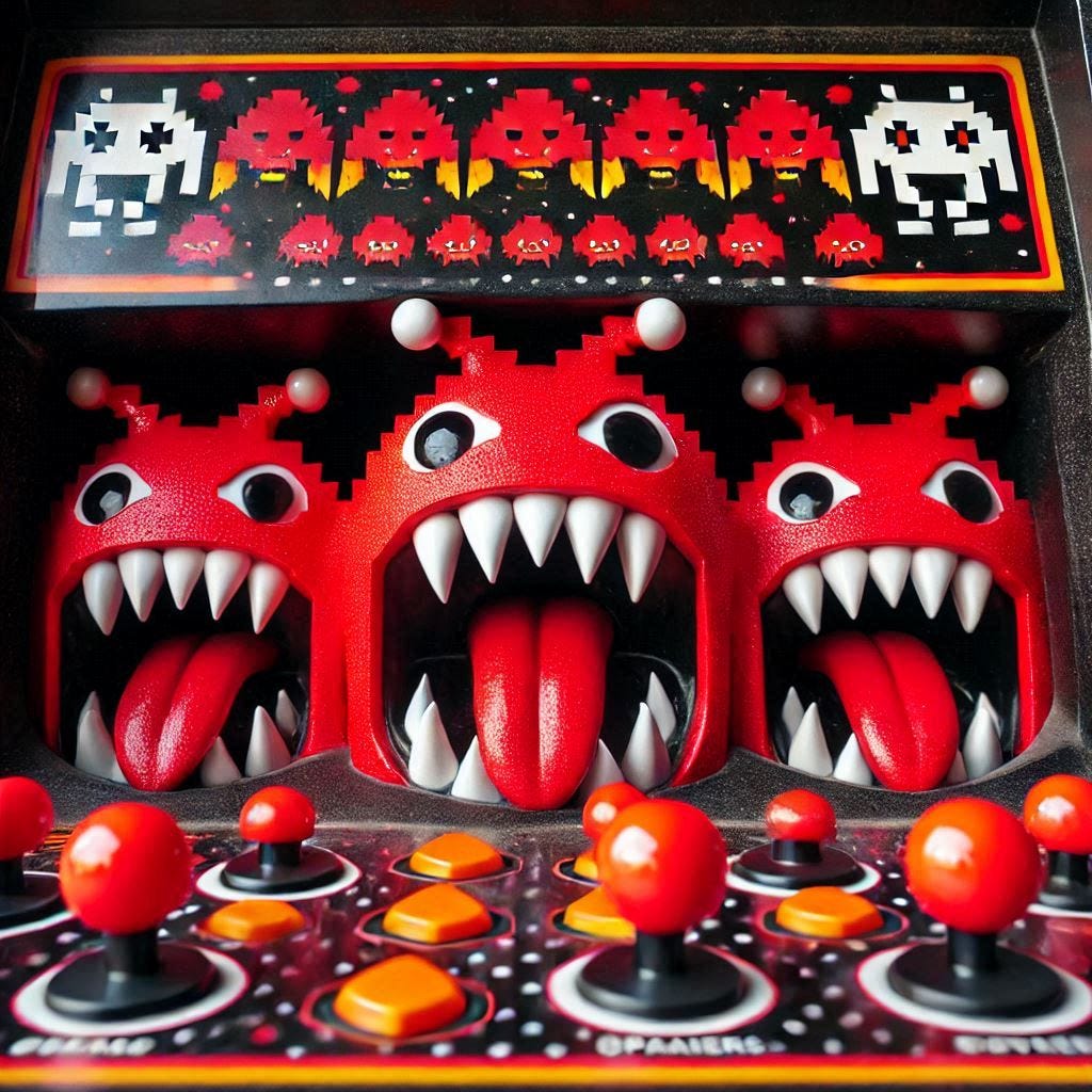 3 Space Invaders with red fangs inside an old arcade game unit