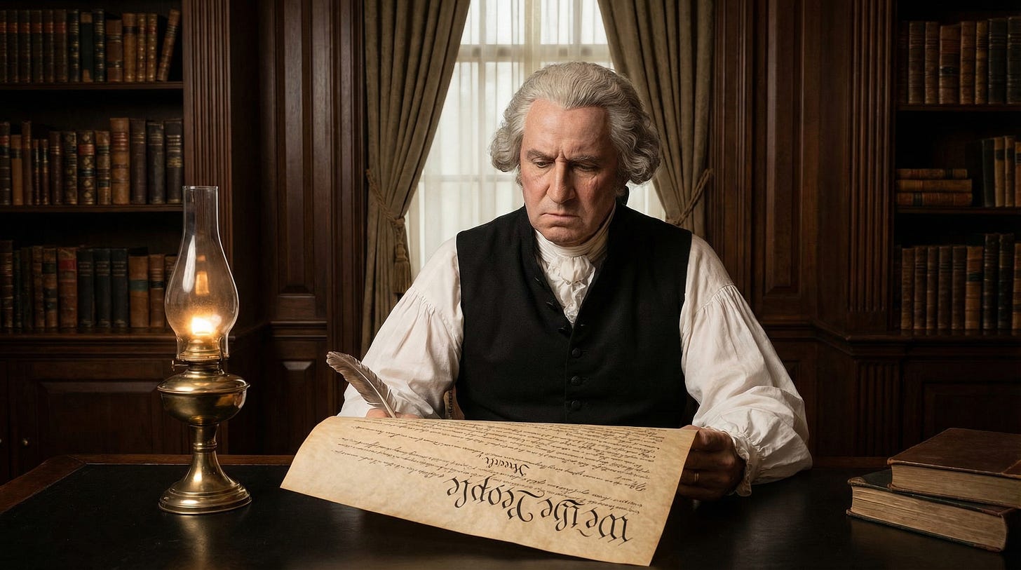 AI-generated illustration of a seated George Washington studying the U.S. Constitution, symbolizing the beginning of the Cabinet.