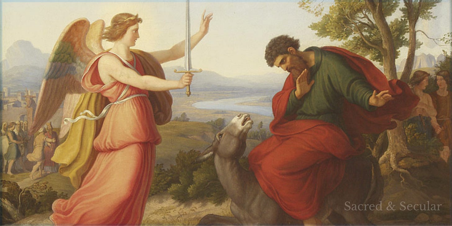 Classical painting depicting Balaam riding a donkey while an angel holding a drawn sword blocks the path ahead. The donkey recoils in fear while Balaam remains unaware of the danger before him. A landscape with trees and distant hills forms the background. Classical painting depicting Balaam riding a donkey while an angel holding a drawn sword blocks the path ahead. The donkey recoils in fear while Balaam remains unaware of the danger before him. A landscape with trees and distant hills forms the background.