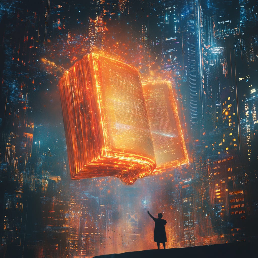 A massive glowing book made of golden light hovers above a futuristic cyberpunk cityscape filled with neon-lit skyscrapers. A silhouette figure stands below, reaching up toward the floating book, symbolizing knowledge, discovery, and the fusion of storytelling, AI tools, and culture. This visually striking artwork represents the themes explored in The Liat Show, where history, technology, and storytelling intersect. A massive glowing book made of golden light hovers above a futuristic cyberpunk cityscape filled with neon-lit skyscrapers. A silhouette figure stands below, reaching up toward the floating book, symbolizing knowledge, discovery, and the fusion of storytelling, AI tools, and culture. This visually striking artwork represents the themes explored in The Liat Show, where history, technology, and storytelling intersect.