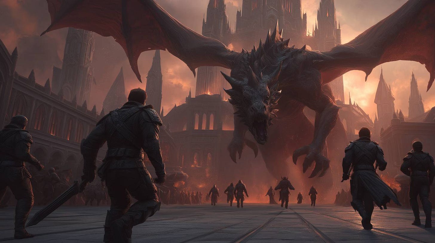 A massive dragon descends into a gothic fortress courtyard at dusk, its wings spread wide as armored soldiers run toward it, with towering spires and a burning orange sky in the background