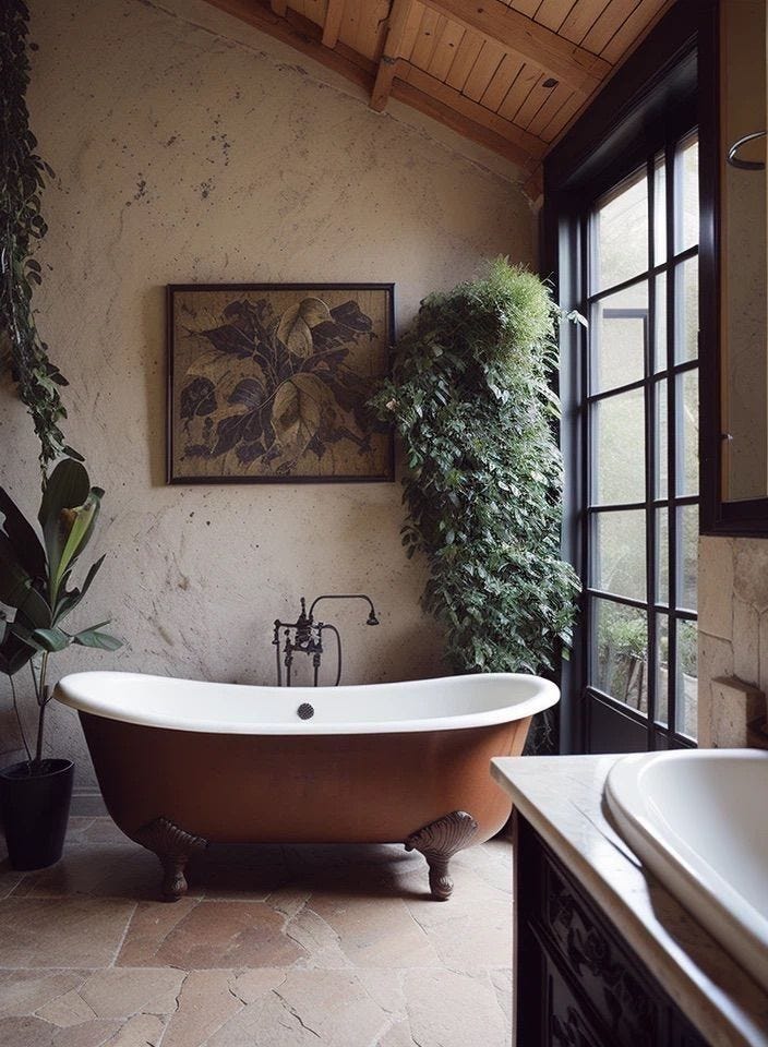 This may contain: an old fashioned bathtub in the middle of a bathroom with a potted plant next to it