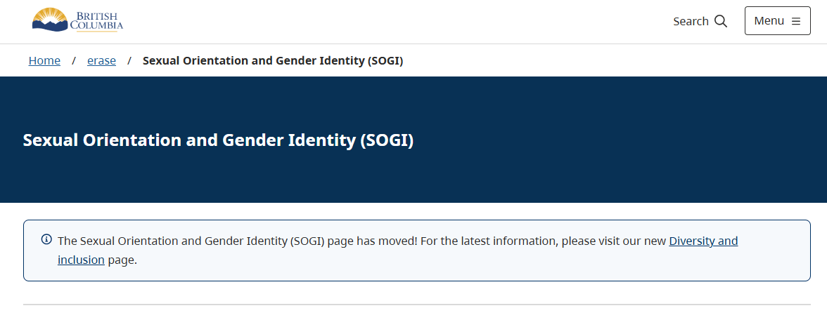 Screenshot of the former SOGI page that redirects to a "diversity and inclusion" page.