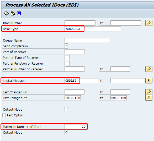 Selection Screen of Outbound iDoc Processing Program RSEOUT00 with Basic type, message type and maximum number of iDocs set.