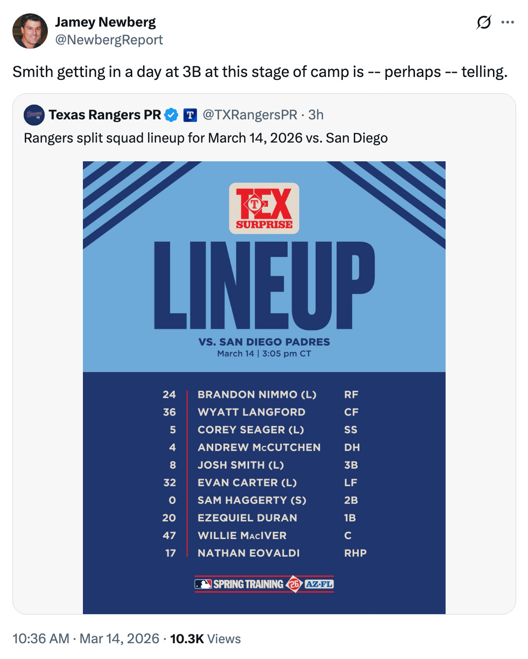 Jamey Newberg 
... 
@NewbergReport 
Smith getting in a day at 3B at this stage of camp is -- perhaps -- telling. 
Texas Rangers PR 
T 
@TXRangersPR · 3h 
Rangers split squad lineup for March 14, 2026 vs. San Diego 
TOEX 
SURPRISE 
LINEUP 
VS. SAN DIEGO PADRES 
March 14 | 3:05 pm CT 
24 
BRANDON NIMMO (L) 
RF 
36 
WYATT LANGFORD 
CF 
5 
COREY SEAGER (L) 
Ss 
4 
ANDREW MCCUTCHEN 
DH 
8 
JOSH SMITH (L) 
3B 
32 
EVAN CARTER (L) 
LF 
O 
SAM HAGGERTY (S) 
2B 
20 
EZEQUIEL DURAN 
1B 
47 
WILLIE MACIVER 
C 
17 
NATHAN EOVALDI 
RHP 
SPRING TRAINING 26 
AZ.FL 
10:36 AM . Mar 14, 2026 . 10.3K Views 