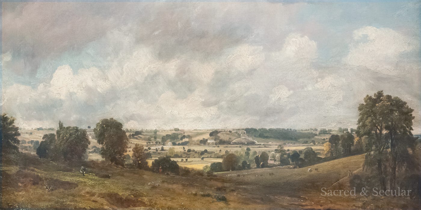 A wide landscape painting by John Constable showing the rolling Suffolk countryside beneath an expansive sky filled with dramatic clouds. Trees, fields and distant villages stretch across the horizon, conveying the openness of East Anglia's famous "big sky".