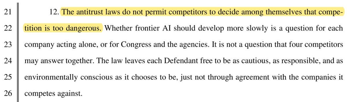 Paragraph 12 of the complaint, arguing that competitors may not decide among themselves that competition is too dangerous. Paragraph 12 of the complaint, arguing that competitors may not decide among themselves that competition is too dangerous.