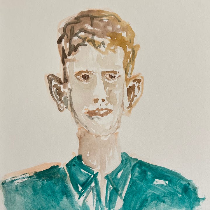 Four images, two with pen, and two with paint, of a self-portrait by the author.