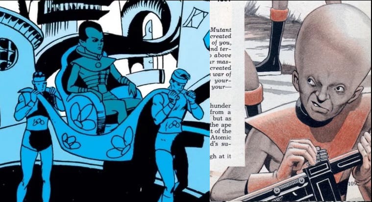 Compare the futuristic garb and swollen eggheads of mutants in the anti-mutant propaganda article in the X-Men with the futuristic garb and swollen eggheads of the mutants in the Binder Mechanix Illustrated article. Compare the futuristic garb and swollen eggheads of mutants in the anti-mutant propaganda article in the X-Men with the futuristic garb and swollen eggheads of the mutants in the Binder Mechanix Illustrated article.