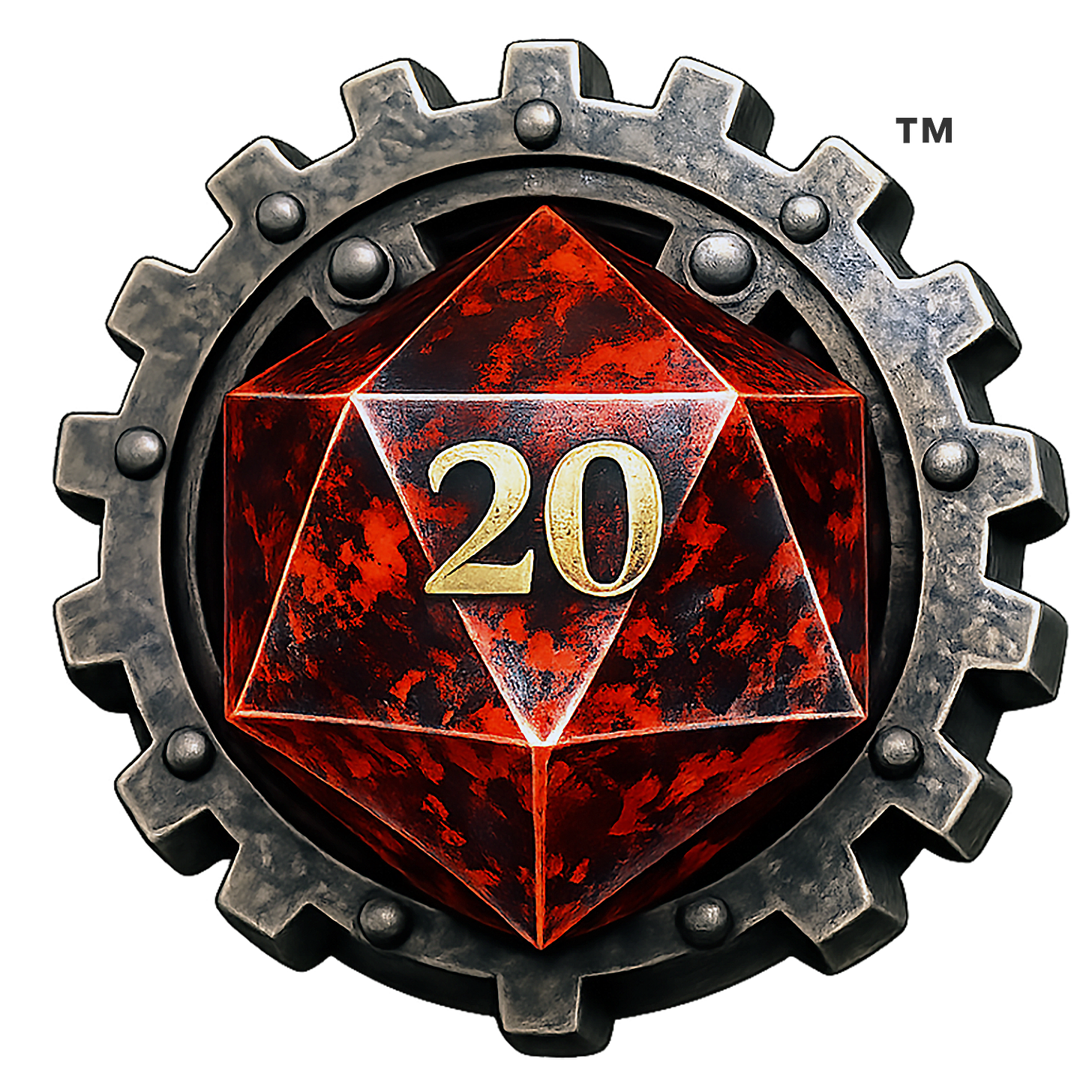 A dramatic emblem combining fantasy and machinery: a fiery red crystal d20 bearing a golden “20,” framed by a rugged steel gear that symbolizes precision, craftsmanship, and adventure A dramatic emblem combining fantasy and machinery: a fiery red crystal d20 bearing a golden “20,” framed by a rugged steel gear that symbolizes precision, craftsmanship, and adventure
