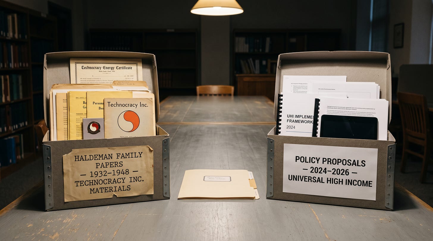 Two identical archival document boxes on a grey archive table. The left box is labeled "Haldeman Family Papers, 1932–1948, Technocracy Inc. Materials." The right box is labeled "Policy Proposals, 2024–2026, Universal High Income." A single uncatalogued manila folder rests between them.