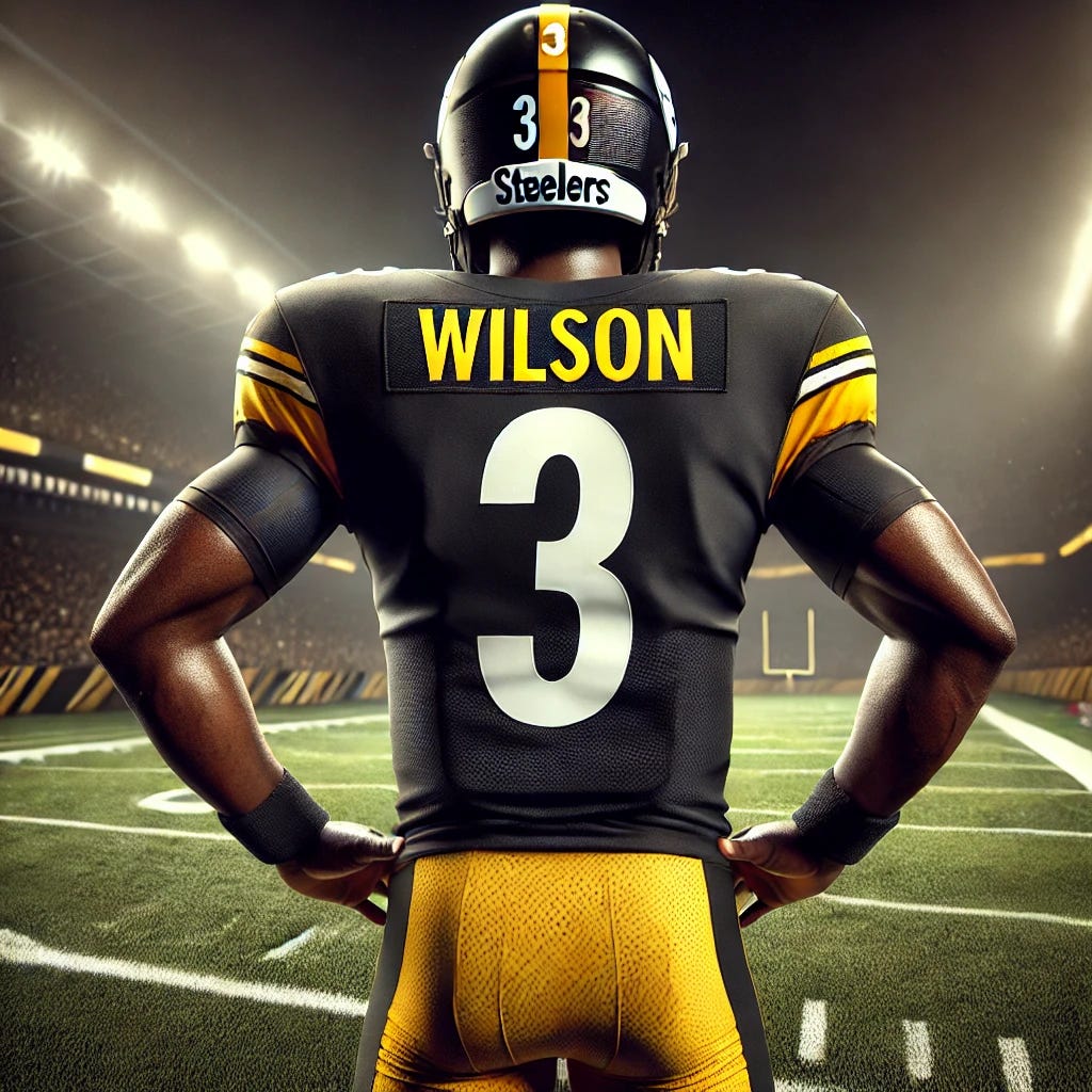 Create an image of a professional football quarterback wearing a black and yellow uniform similar to the Pittsburgh Steelers colors, with the number 3 on the jersey and a single number 3 on the back of the helmet. The name 'Wilson' should be visible on the back of the jersey. The player has darker skin and is wearing a helmet, shown from the back, standing on the field after a tough game. The stadium lights shine brightly in the background, and the atmosphere reflects the tension of a challenging moment.