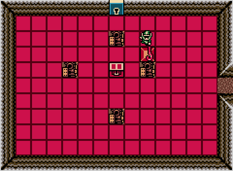 A rectangular room with a 9 by 13 grid of red squares on the floor. Four statues block individual tiles. A yellow tile is present near the center of the grid. An open entrance is present on the right wall, and a locked exit door is present on the top wall. A character named Link is standing near a red block swinging a red staff with a curved end toward the red block.