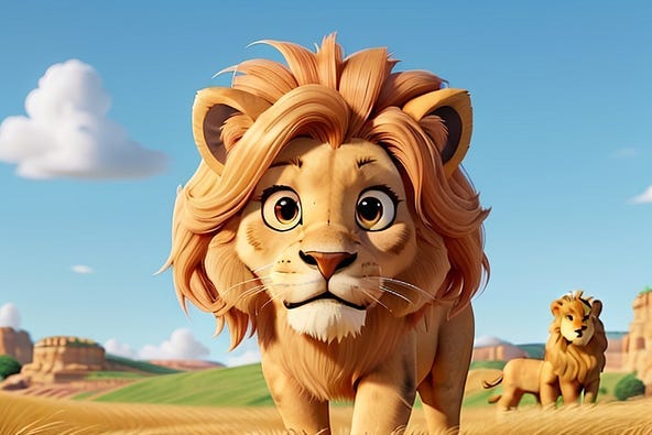 Animation style image of a young lion with a scared expression.