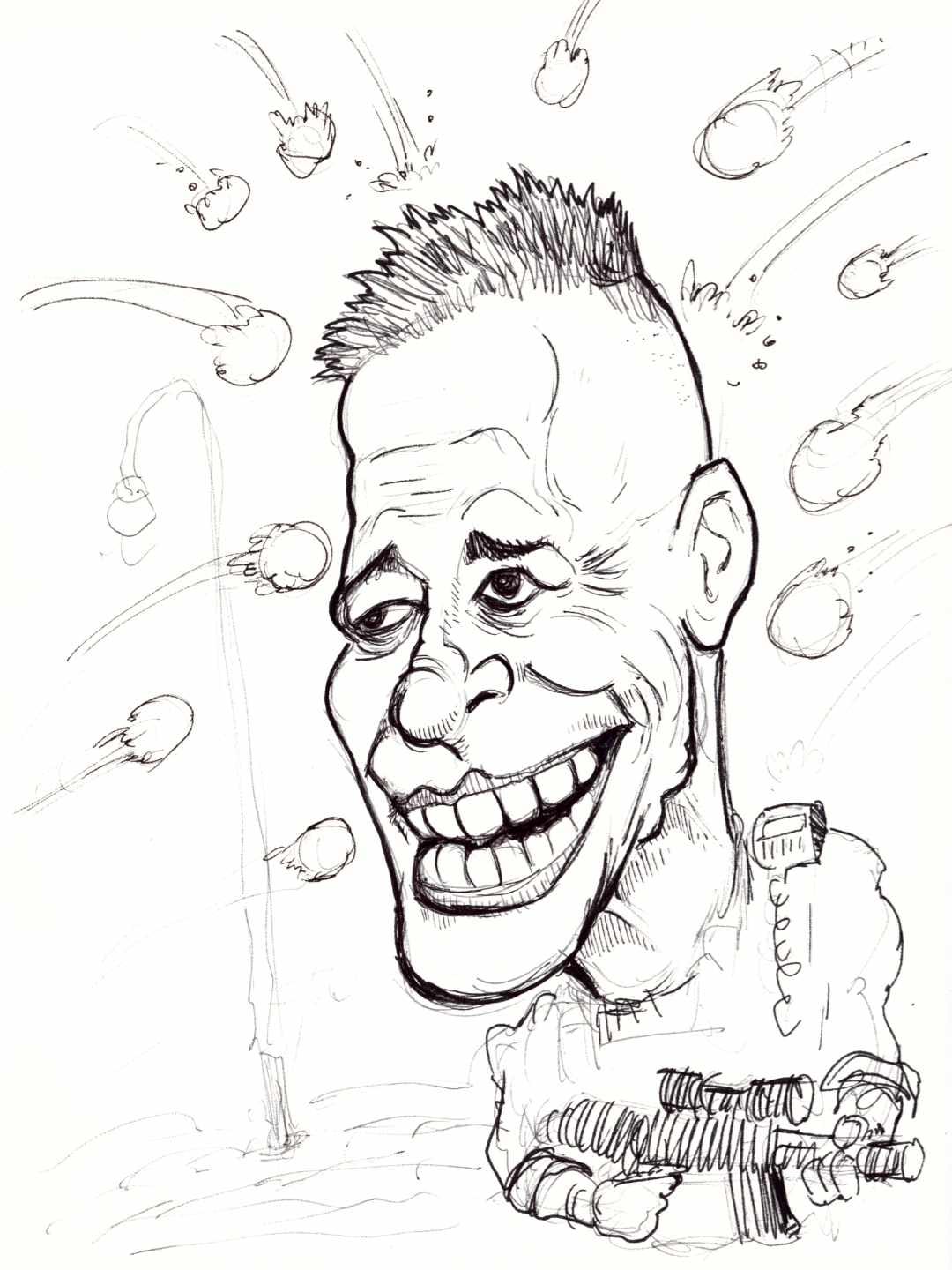 Ink sketch of DHS douche Bovino getting hit with snowballs.