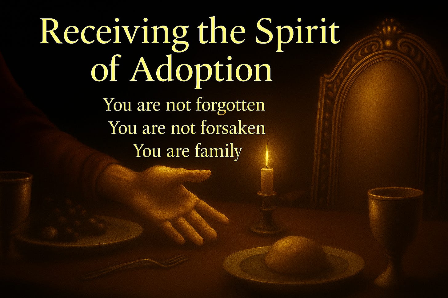 A candlelit banquet table with an empty, ornate chair and an outstretched hand inviting the viewer to sit. Text reads: “Receiving the Spirit of Adoption – You are not forgotten. You are not forsaken. You are family.”