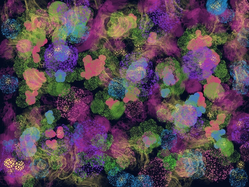 Abstract painting by Sherry Killam Arts suggesting a colorful collection of candy, pink, purple, and green.