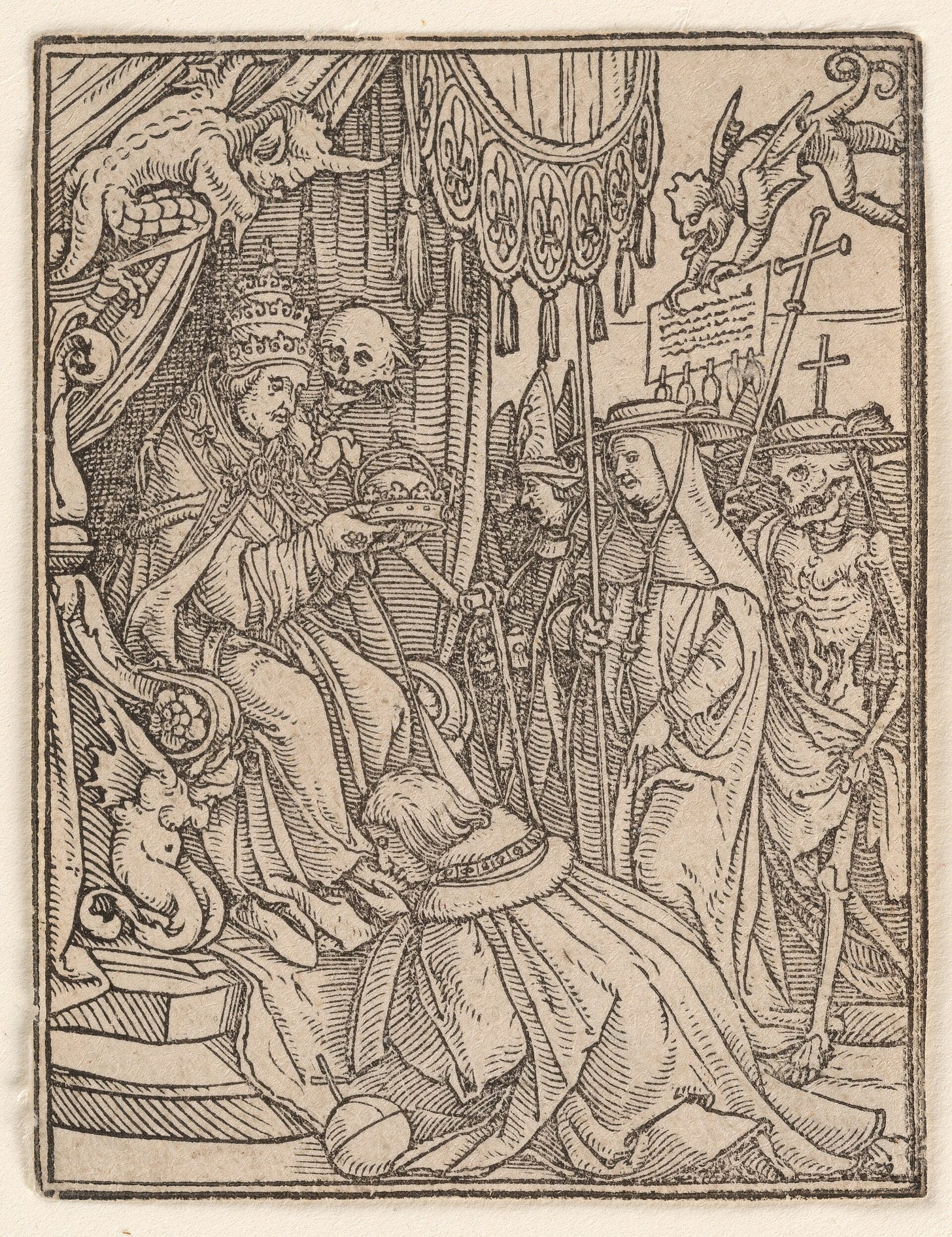 The Pope from The Dance of Death by Hans Holbein the Younger: skeletons slip into the papal court, woodcut The Pope from The Dance of Death by Hans Holbein the Younger: skeletons slip into the papal court, woodcut