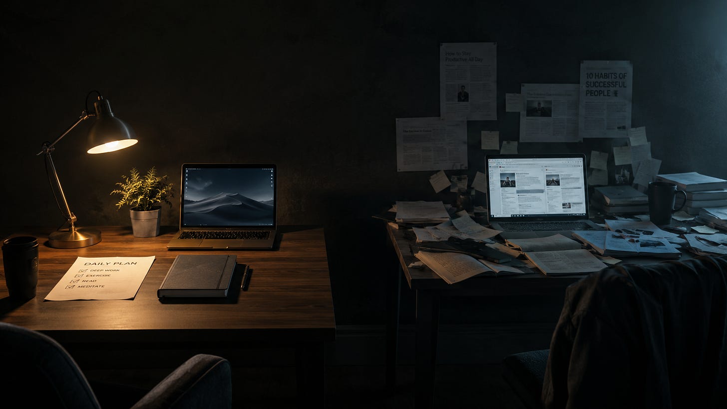Two contrasting desks show focused work versus information overload in a dark office. Two contrasting desks show focused work versus information overload in a dark office.