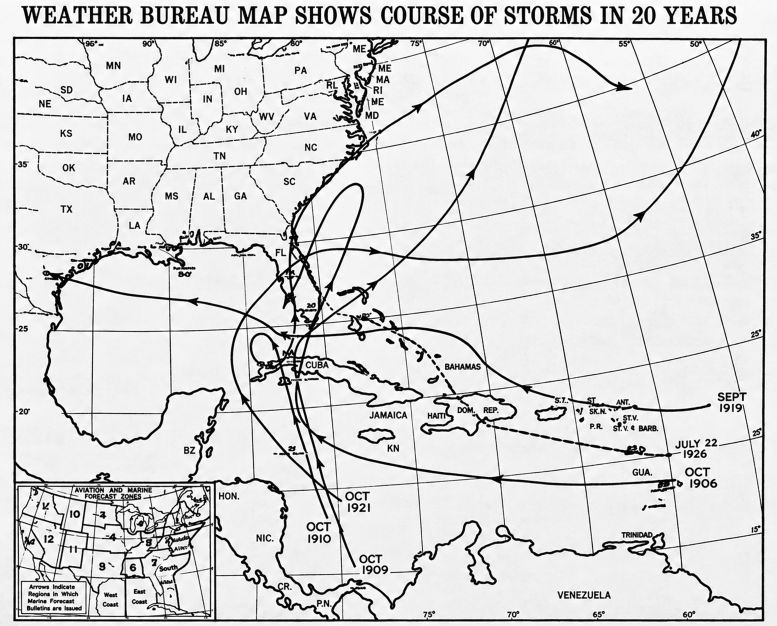 Weather Bureau map provided by R.W. Gray, meteorologist in charge of the Miami station of the Weather Bureau, in July 1926 to the Miami Herald, highlighting the path of storms over the prior two decades. Weather Bureau map provided by R.W. Gray, meteorologist in charge of the Miami station of the Weather Bureau, in July 1926 to the Miami Herald, highlighting the path of storms over the prior two decades.