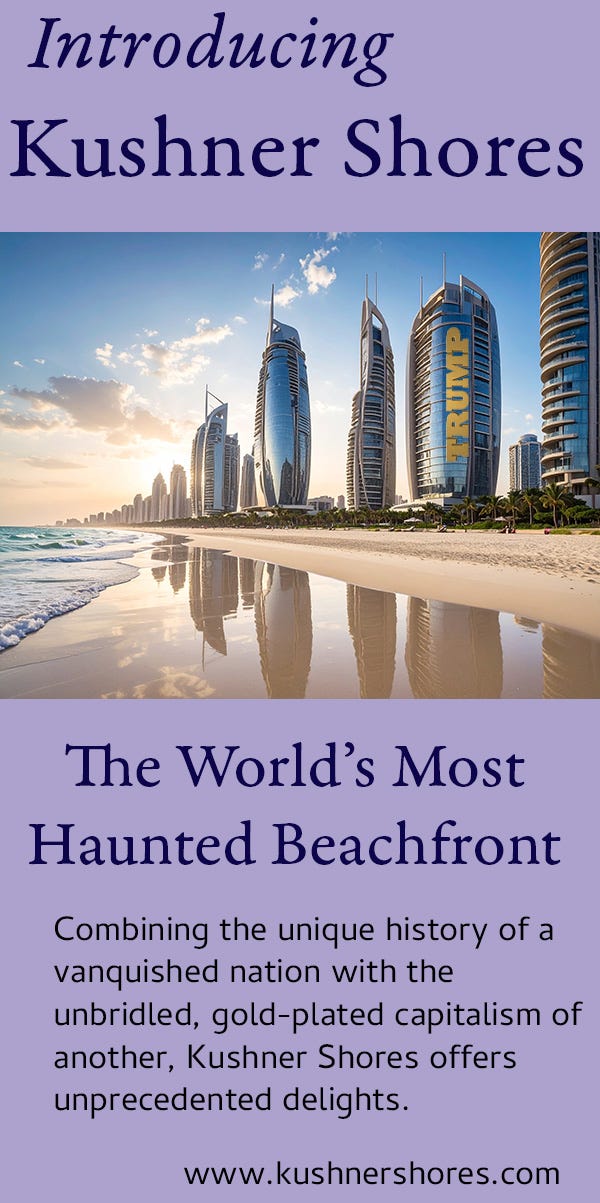 Fake brochure for the 'Kushner Shores' development in Gaza Fake brochure for the 'Kushner Shores' development in Gaza