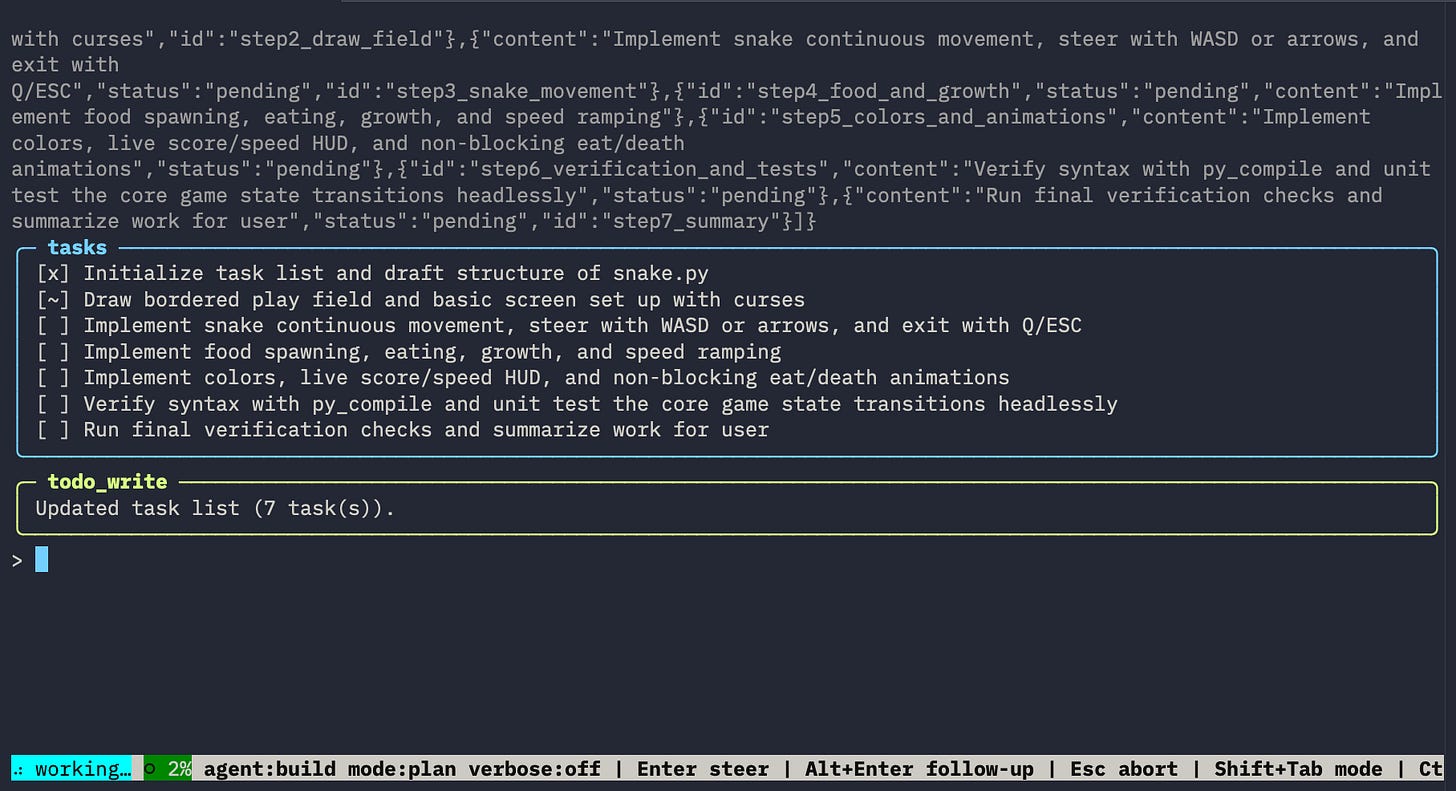 The TUI: an append-style conversation log streamed live from one harness session. The TUI: an append-style conversation log streamed live from one harness session.