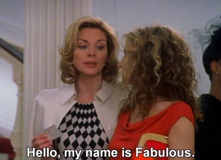This may contain: two women standing next to each other with the caption hello, my name is fabulous This may contain: two women standing next to each other with the caption hello, my name is fabulous