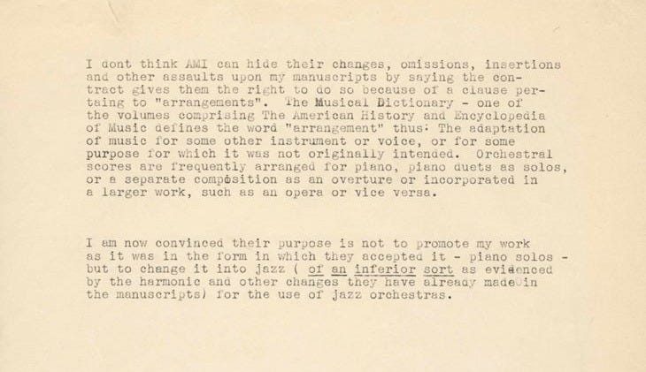Typed Statement in Which Florence Price Suggests AMI Changed Her Manuscript to Make It More Suitable for Jazz Orchestra