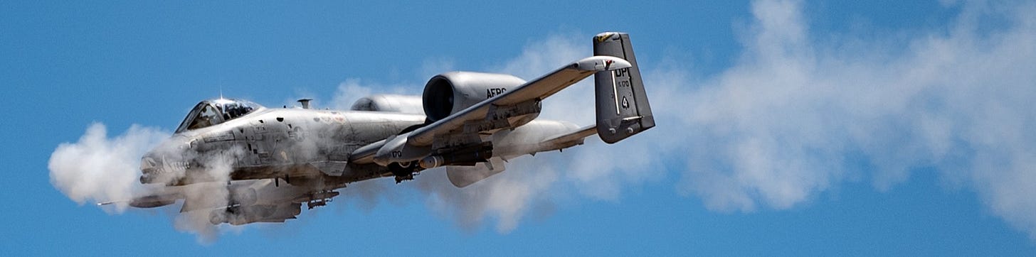 An A-10 Thunderbolt II fires its GAU-8 Avenger 30mm Gatling gun at the Barry M. Goldwater Range near Gila Bend, Ariz., as part of the close air support competition during Hawgsmoke 2024 on Sept. 13, 2024. The A-10, known for its iconic role in protecting ground forces, continues to demonstrate its relevance in modern combat. (U.S. Air Force photo by Tech. Sgt. Tyler J. Bolken)