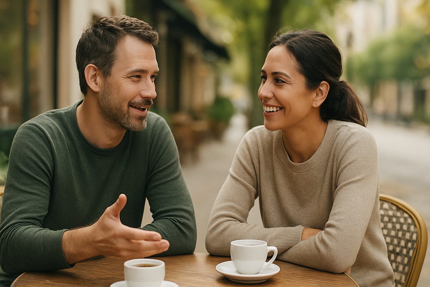 Two people having genuine conversation at outdoor café table with coffee cups in natural daylight