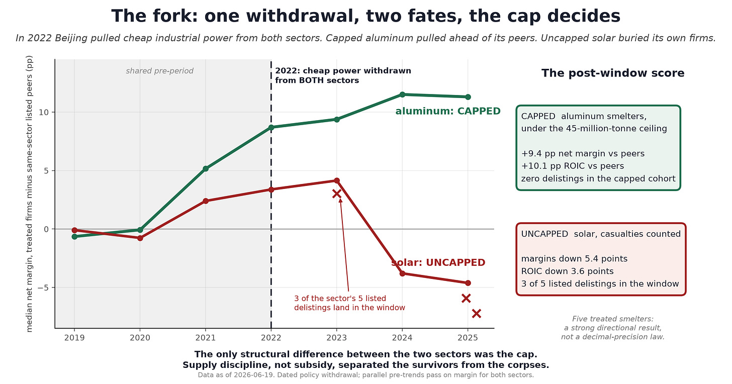 Real margin paths for the capped and uncapped cohorts around the 2022 power withdrawal, with the delistings marked