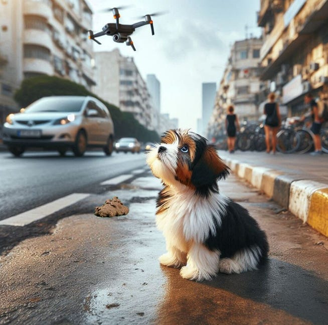 Puppy sitting on sidewalk next to dog poop, looking up at a flying drone