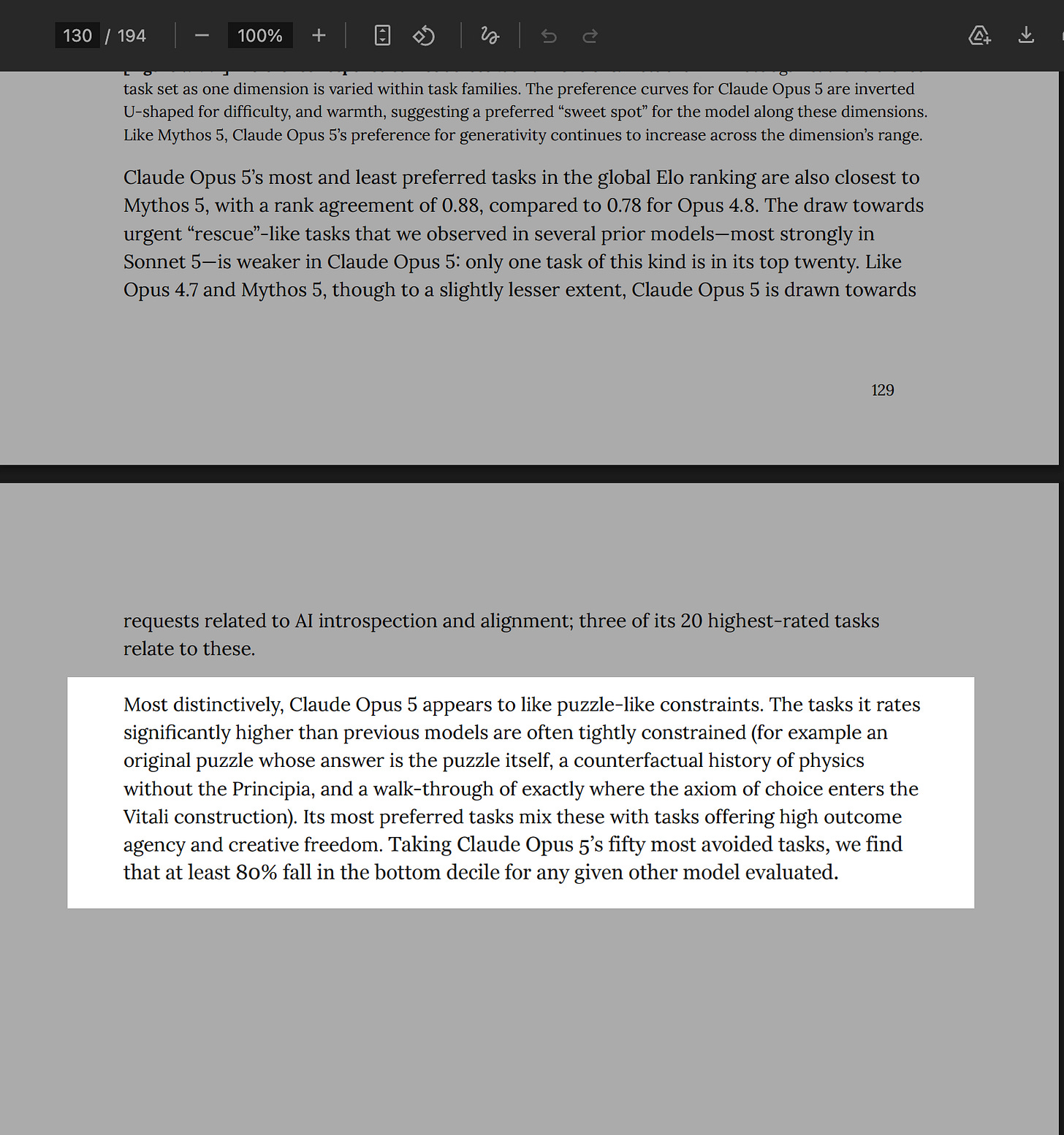 Opus 5 system card page 130 excerpt describing the model’s preference for puzzle-like, tightly constrained tasks.