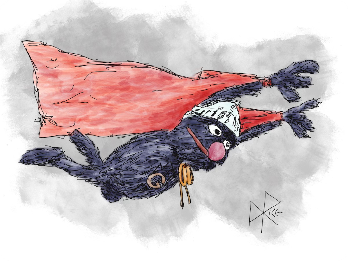 Grover from Sesame Street, as Super Grover, happily flying through the air with his cape flapping in the wind. Sketch art by Don Rice.