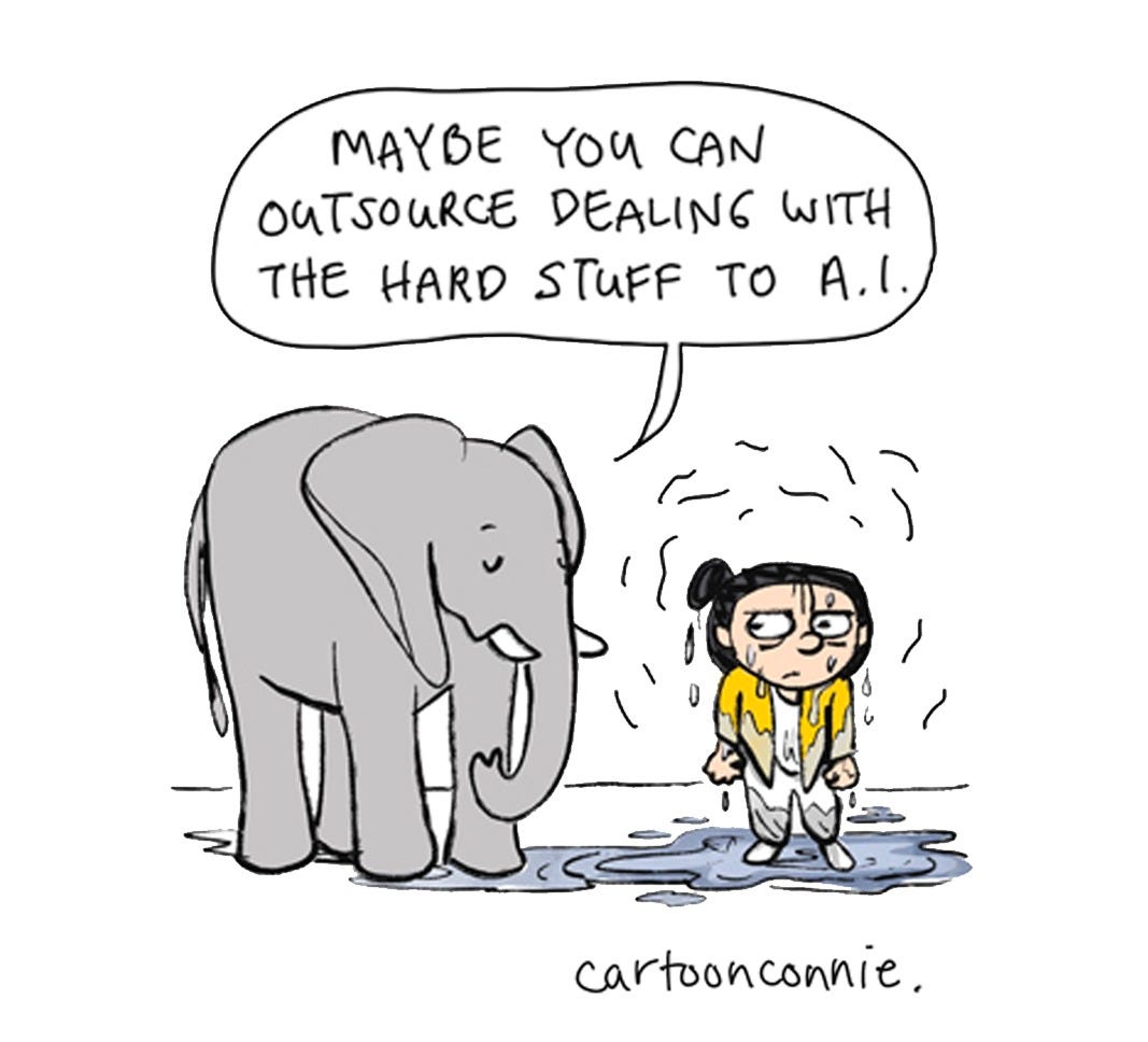 Illustrated excerpt from a 4-panel comic strip about weathering anxiety about change and disruption without A.I. chatbots, titled "The Temptation of A.I." by Connie Sun, cartoonconnie, 2026.