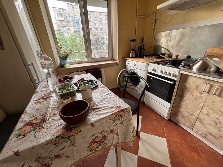 Inside the quiet refuge offered by Daniya, a flat suspended in Soviet time, every object became a gesture of resistance. A kitchen table, modestly dressed in a floral cloth, bore the soft weight of microgreens, tea cups, and conversation. The corridor, narrow and unremarkable by design, transformed into a sanctuary as mattresses were unrolled beneath pale yellow walls. The living room, with its tired green sofa and curtains parting just slightly to the outside world, stood as both a relic and a witness. Here, in a home untouched by shrapnel but not by fear, we lived through the night not by fleeing, but by choosing where to lie down. In Kyiv, safety isn’t found in bunkers. It’s made by people who keep the kettle warm and the blankets near the hallway.