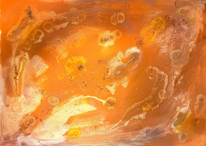 Two versions of a red ochre-based abstract - the second  much fuller than the first