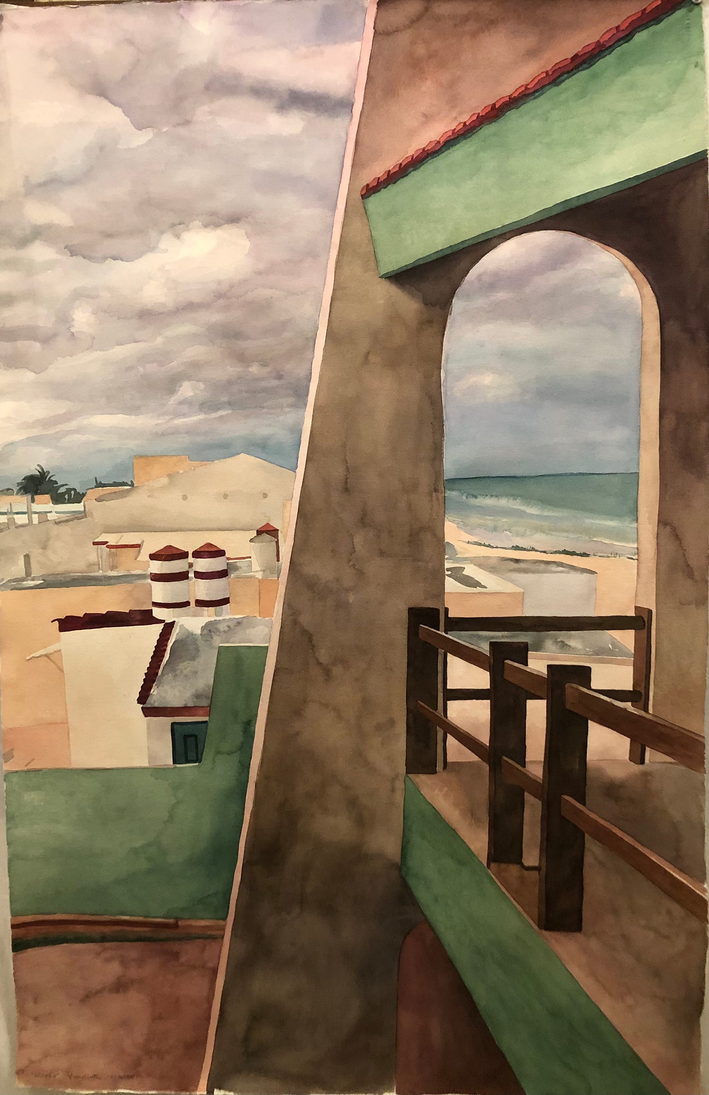 A landscape with angular architecture in the foreground leads to low buildings with water towers and a roiling sea, beach, and turbulent sky. A landscape with angular architecture in the foreground leads to low buildings with water towers and a roiling sea, beach, and turbulent sky.