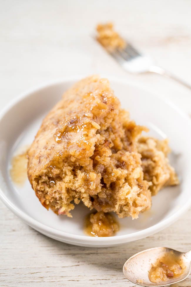 Slow Cooker Banana Bread Cake with Brown Sugar Sauce — Soft, tender CrockPot banana bread with a caramely, brown sugar sauce that develops while the bread cooks!! If you've never made a slow cooker dessert, start with this easy recipe!!