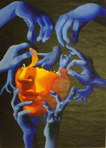 This may contain: hands reaching for an orange piece of fruit in the shape of a human body, with blue and yellow paint on it